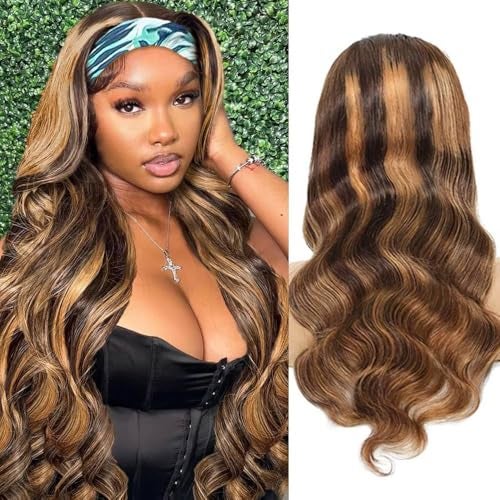 Ombre Headband Wig Human Hair 427 Highlight Body Wave Headband Wig 16 Inch Glueless None Lace Front Wig Brazilian Virgin Human Hair Wigs for Black Women Wear and Go Wig 150 Density